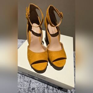 Sun + Stone Ochre Suede Ankle-Strap Block Heels